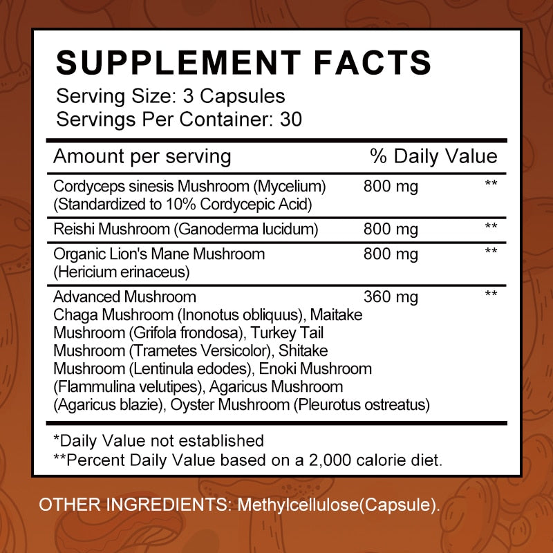 Mushroom Capsules Mix - Lions Mane + Cordyceps and Reishi: for Memory, Focus and Stress relief