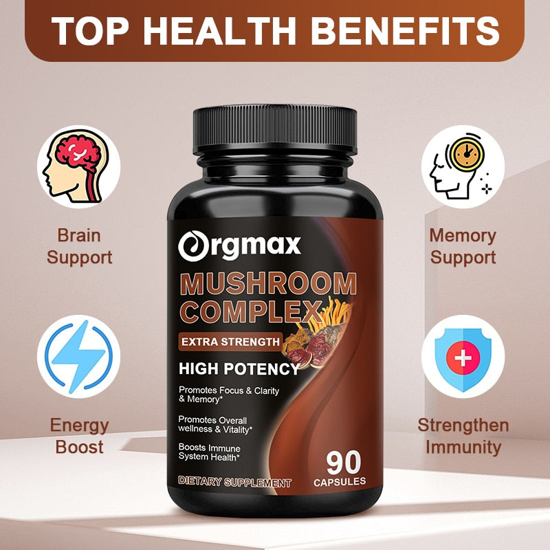 Mushroom Capsules Mix - Lions Mane + Cordyceps and Reishi: for Memory, Focus and Stress relief