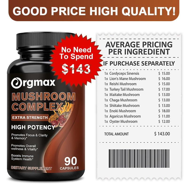 Mushroom Capsules Mix - Lions Mane + Cordyceps and Reishi: for Memory, Focus and Stress relief