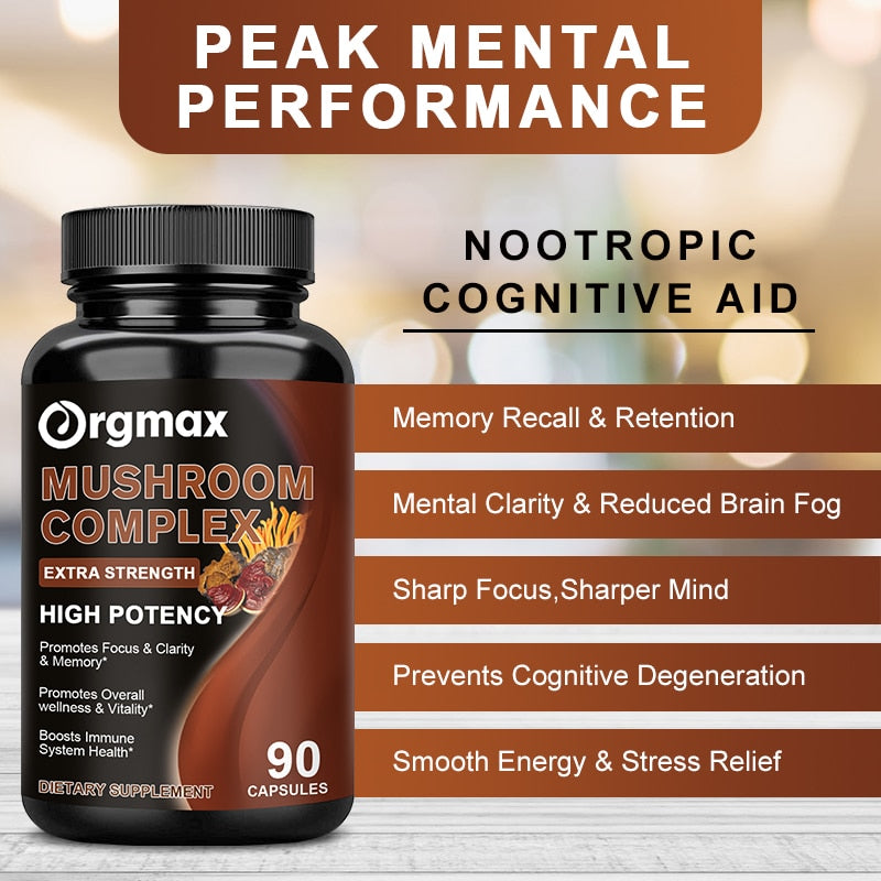 Mushroom Capsules Mix - Lions Mane + Cordyceps and Reishi: for Memory, Focus and Stress relief