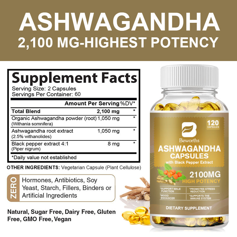 Strong Ashwagandha Capsule: Natural Sleep +  Immune Support Supplement with Black Pepper for Vitality