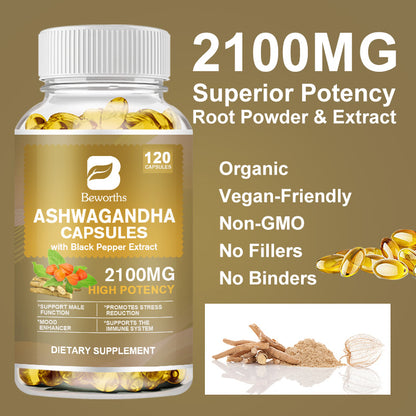 Strong Ashwagandha Capsule: Natural Sleep +  Immune Support Supplement with Black Pepper for Vitality