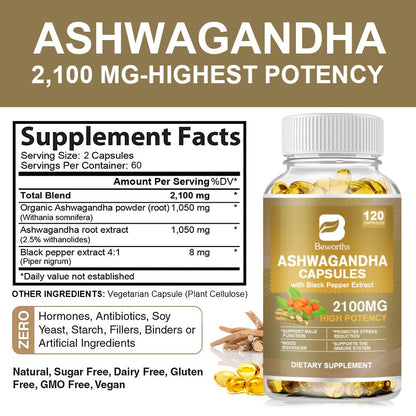 Strong Ashwagandha Capsule: Natural Sleep +  Immune Support Supplement with Black Pepper for Vitality