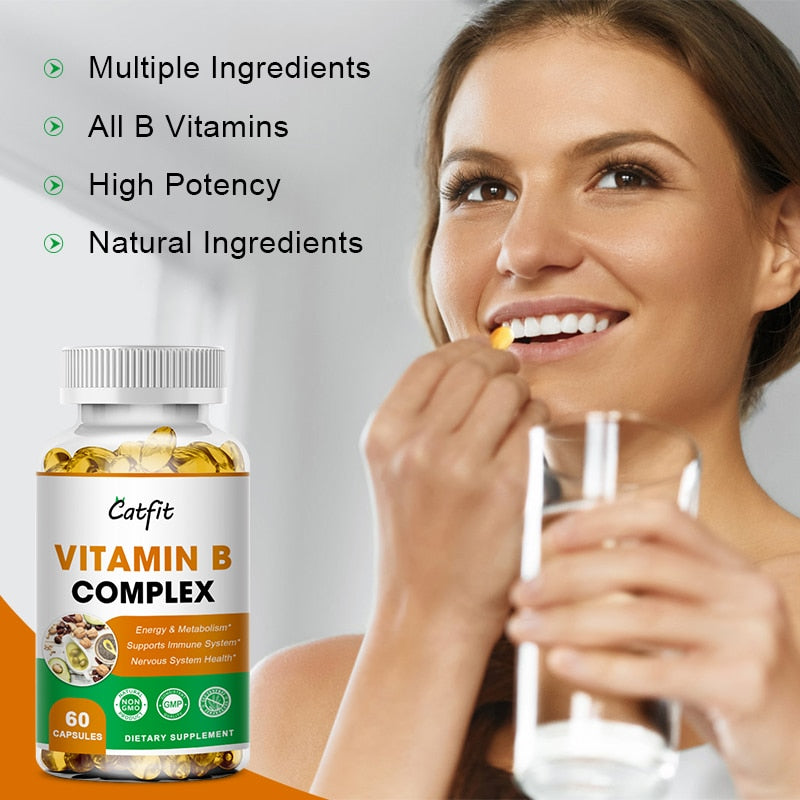 Vitamin B Capsules B1 B2 B3 B5 B6 B7 B9 B12: Nervous System and Health & Energy Support Supplement