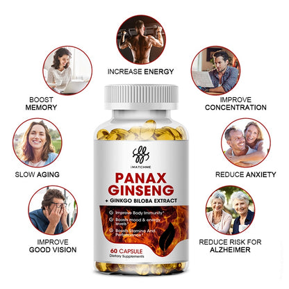 Red Panax Ginseng 7000mg + Ginkgo Biloba + Ashwagandha for Energy, Strength, Focus, Memory and Mental Performance