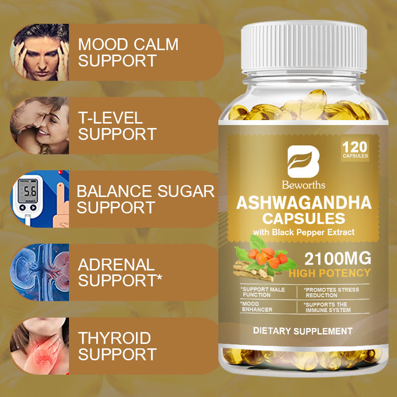 Strong Ashwagandha Capsule: Natural Sleep +  Immune Support Supplement with Black Pepper for Vitality