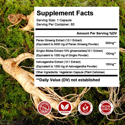 Red Panax Ginseng 7000mg + Ginkgo Biloba + Ashwagandha for Energy, Strength, Focus, Memory and Mental Performance